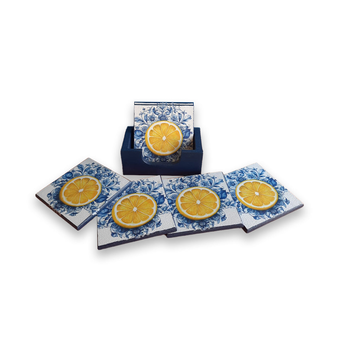 Set Of Six Square Coasters Lemon Captions And A Holder