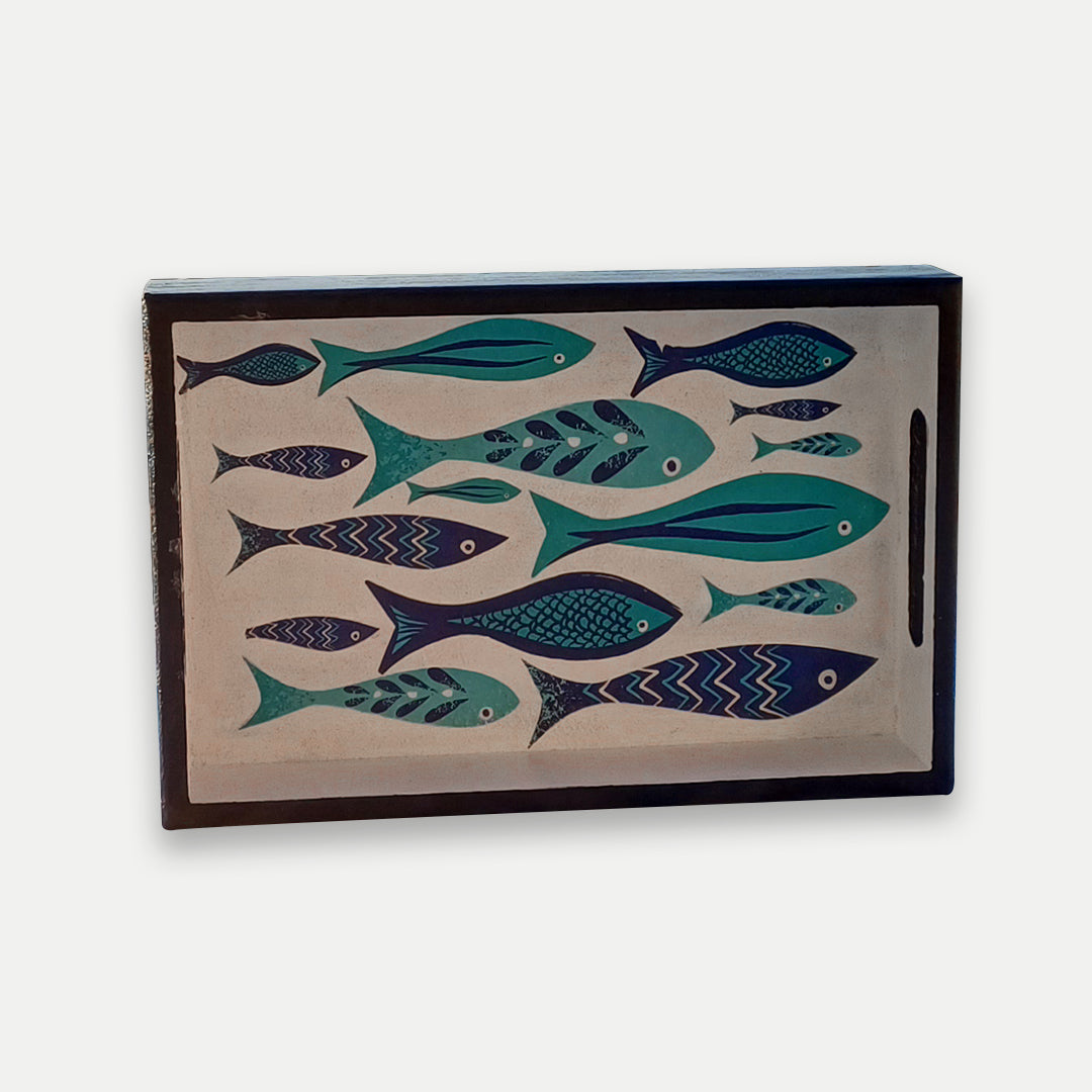 Decoupage Wooden Tray With Santorini Fish Design 20x30