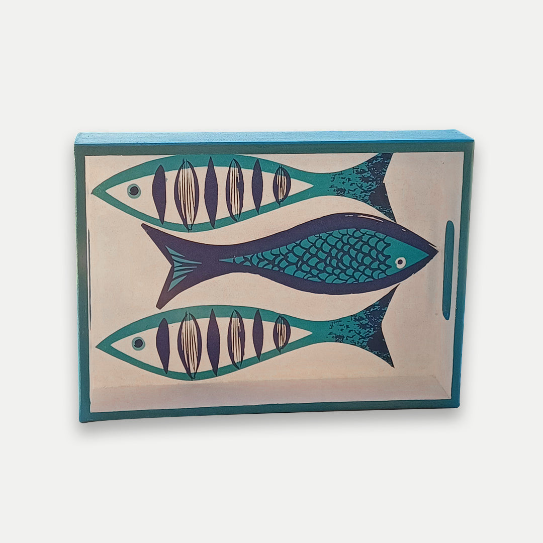 Decoupage Wooden Tray With Santorini Fish Design 35x25