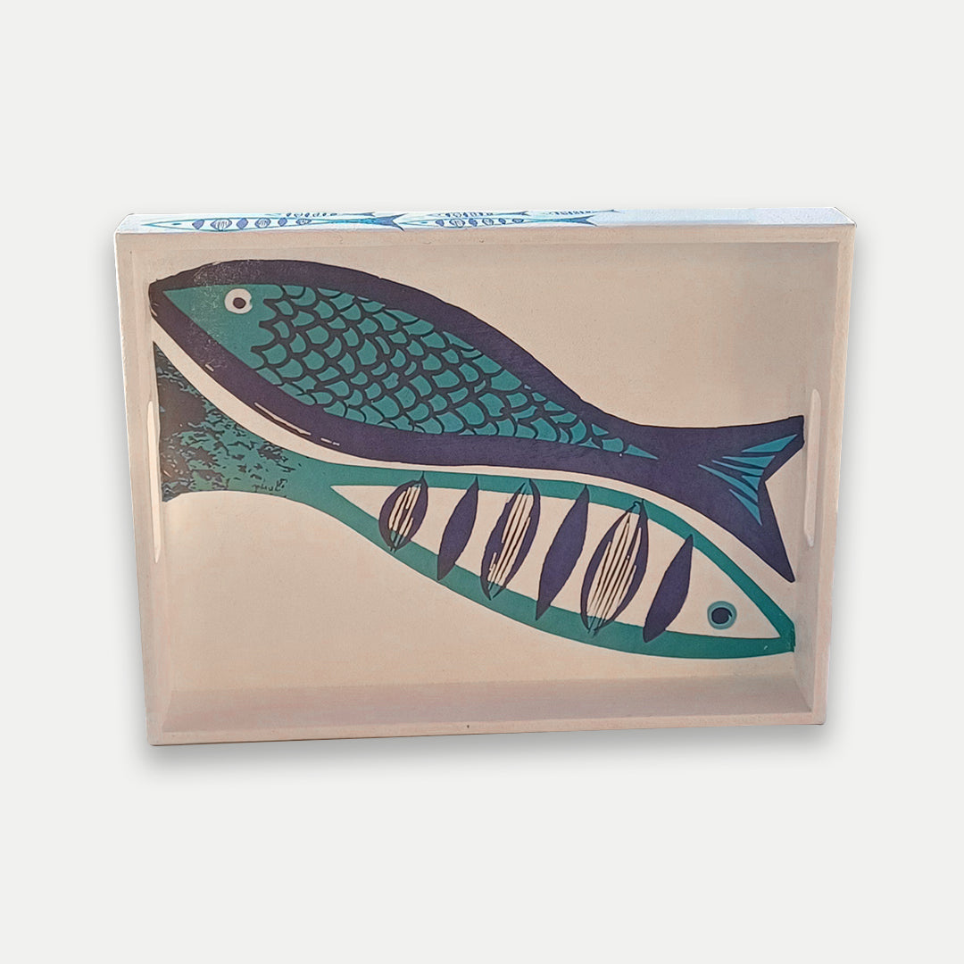 Decoupage Wooden Tray With Santorini Fish Design 30x40