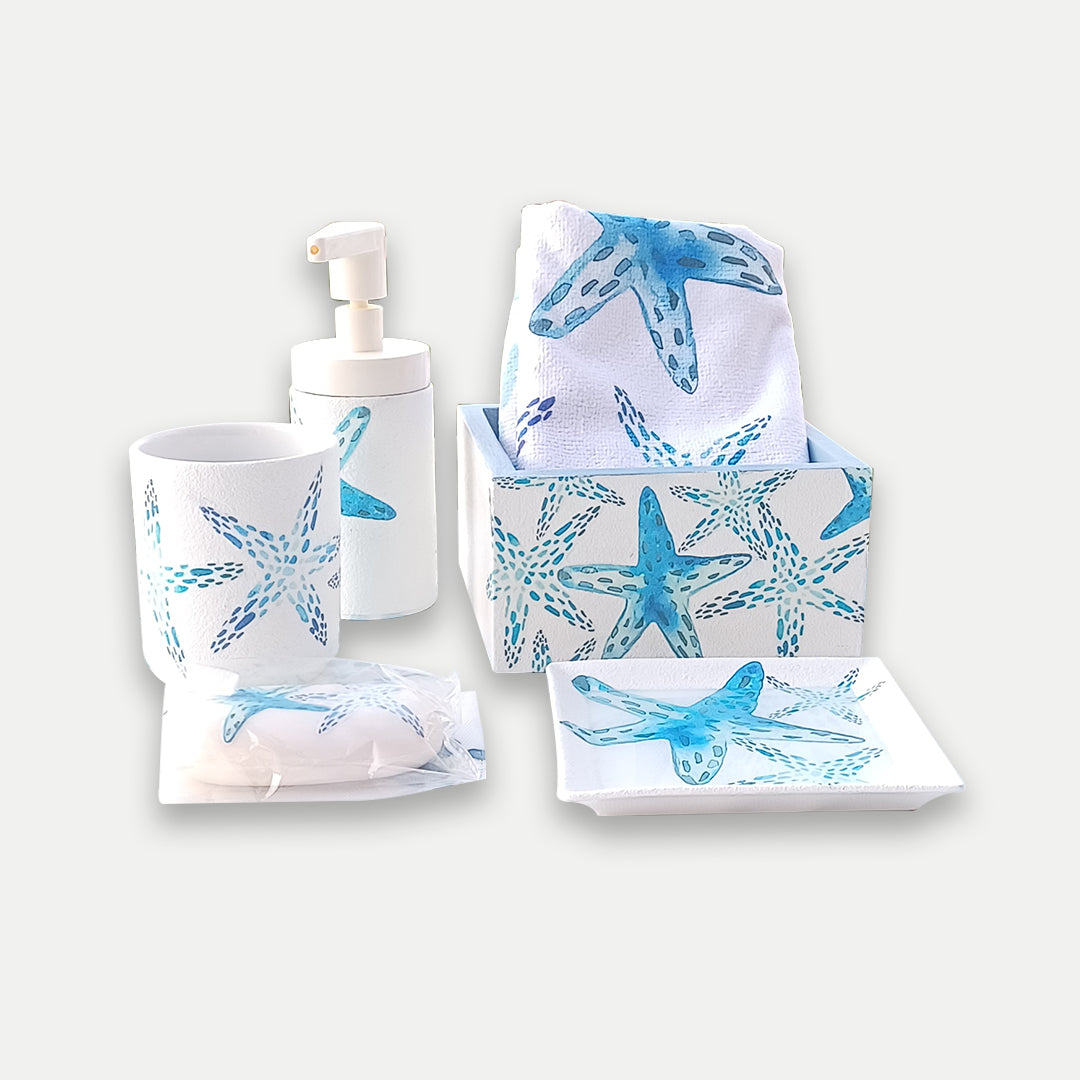 Playful Star Bathroom Set 8 Pcs,Box,Cup,Dispencer Bottle , Soap Plate, Three Towels