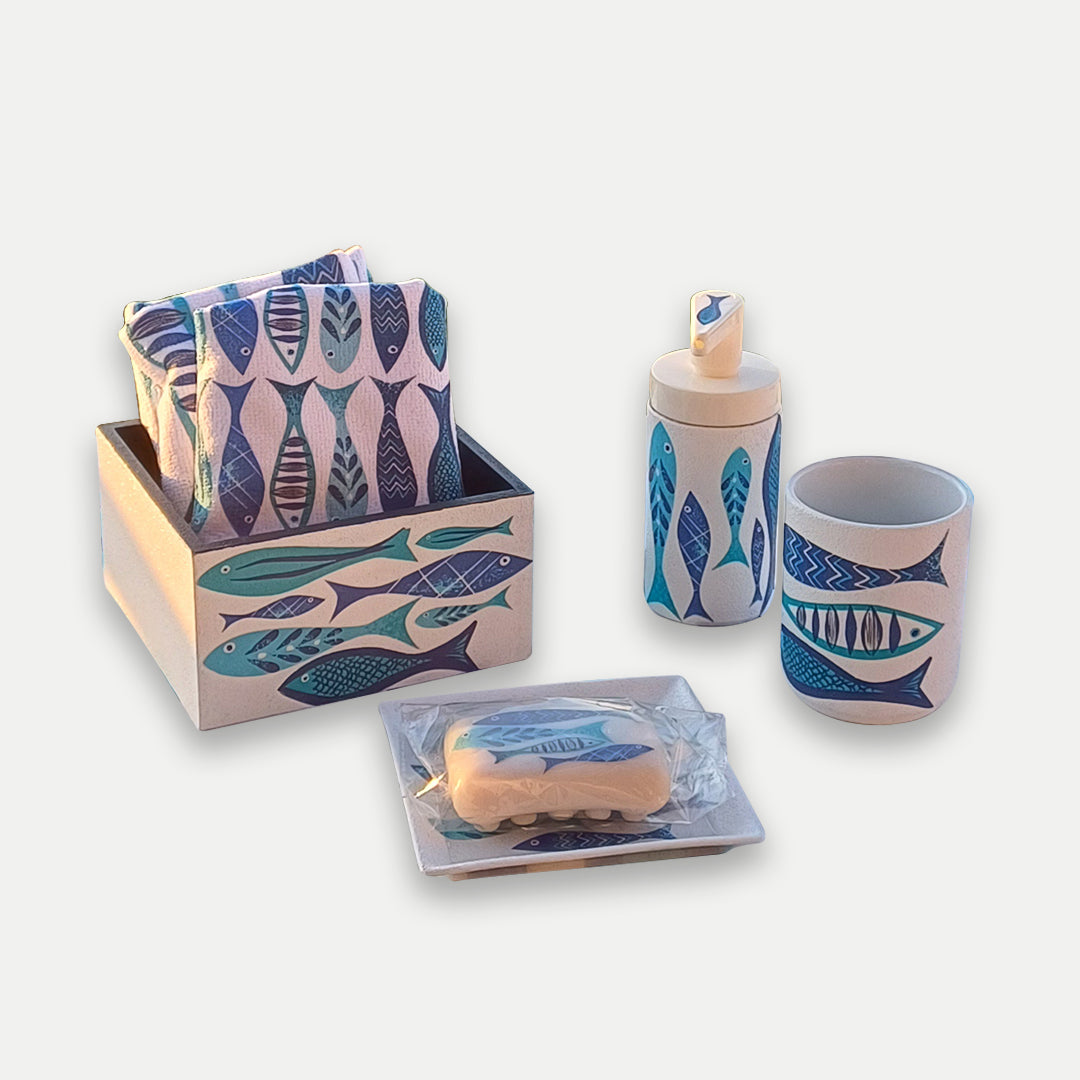 Santorinini Fish Bathroom Set 8 Pcs,Box,Cup,Dispencer Bottle , Soap Plate, Three Towels