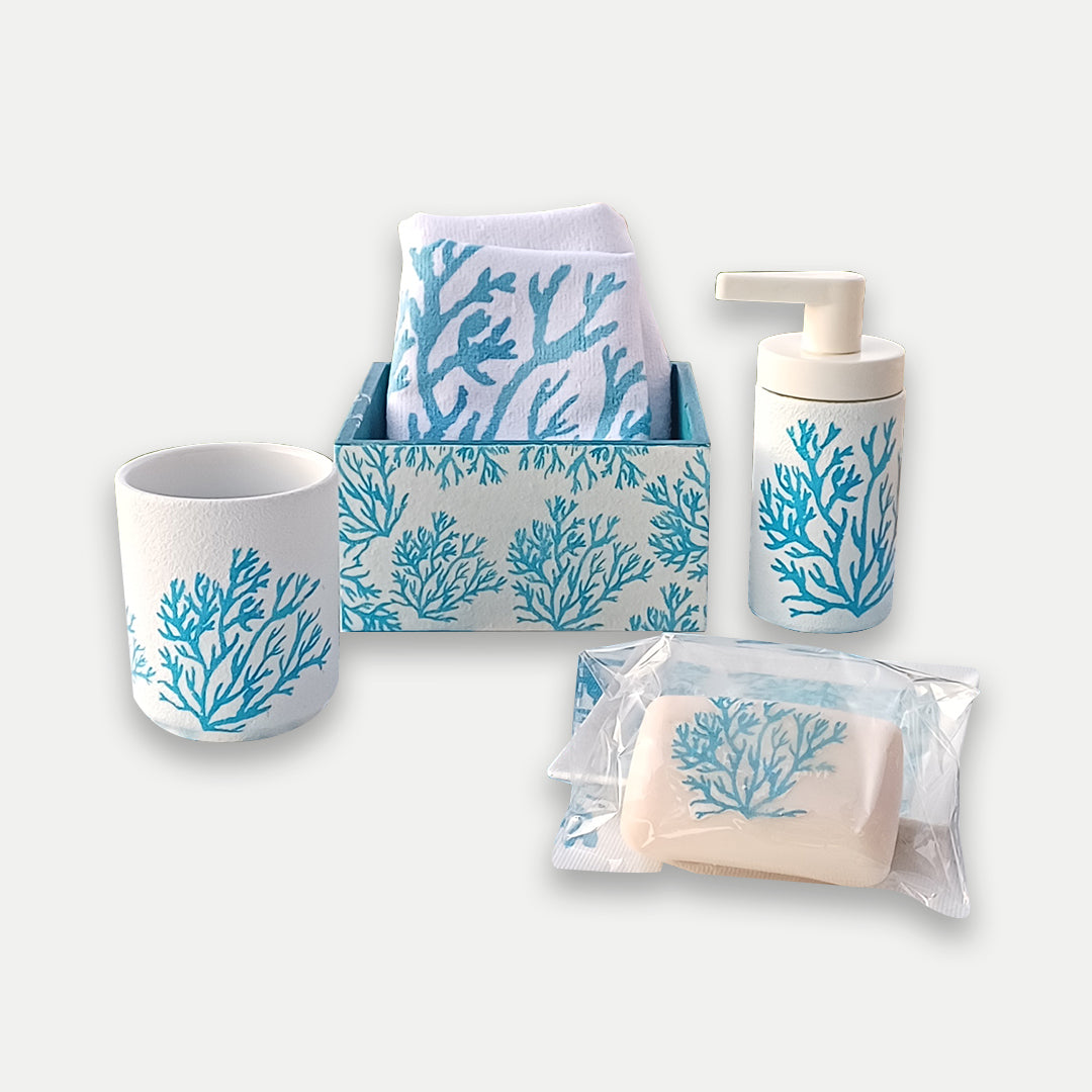 Blue Corals Bathroom Set 7 Pcs,Box,Cup,Dispencer Bottle , Soap Plate, Two Towels