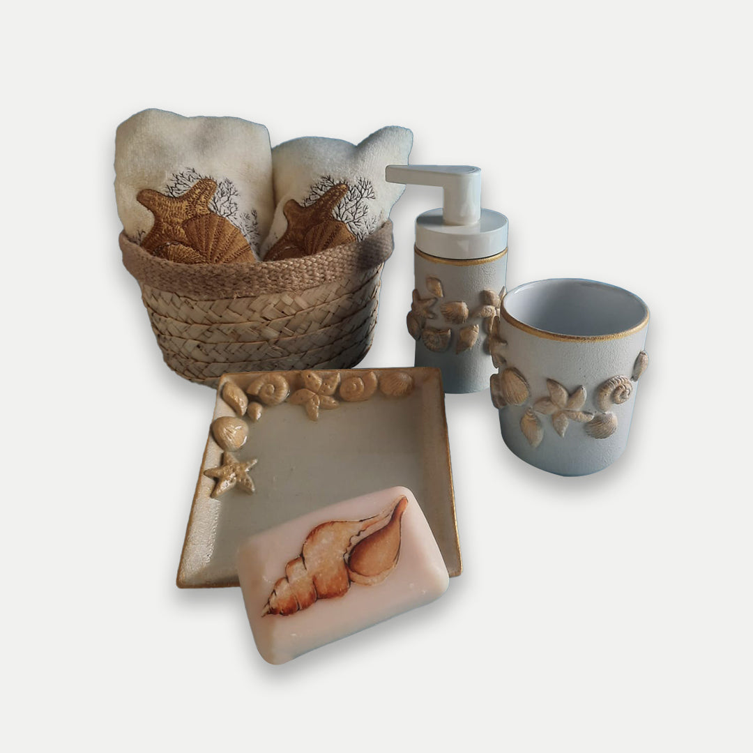 Shells Bathroom Set 7 Pcs,Box,Cup,Dispencer Bottle , Soap Plate, Two Towels