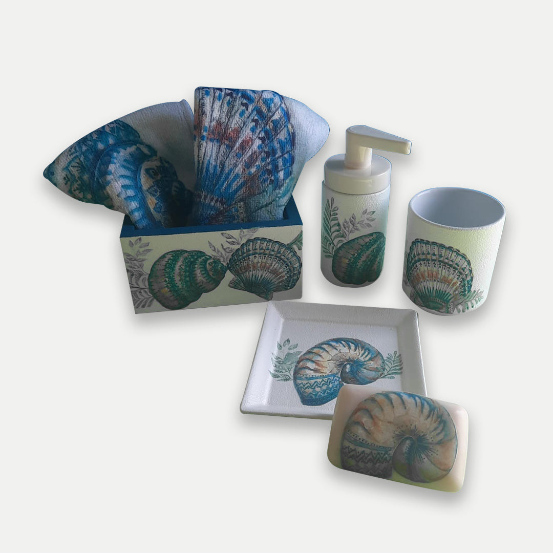 Blue Snail Bathroom Set 7 Pcs,Box,Cup,Dispencer Bottle , Soap Plate, Two Towels