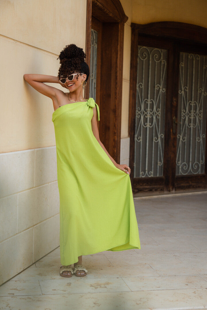 Beach Dress One Shoulder Lime Green